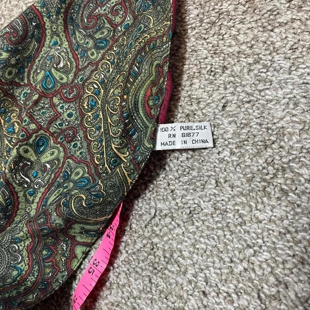100% silk paisley scarf with green, red, and gold colors